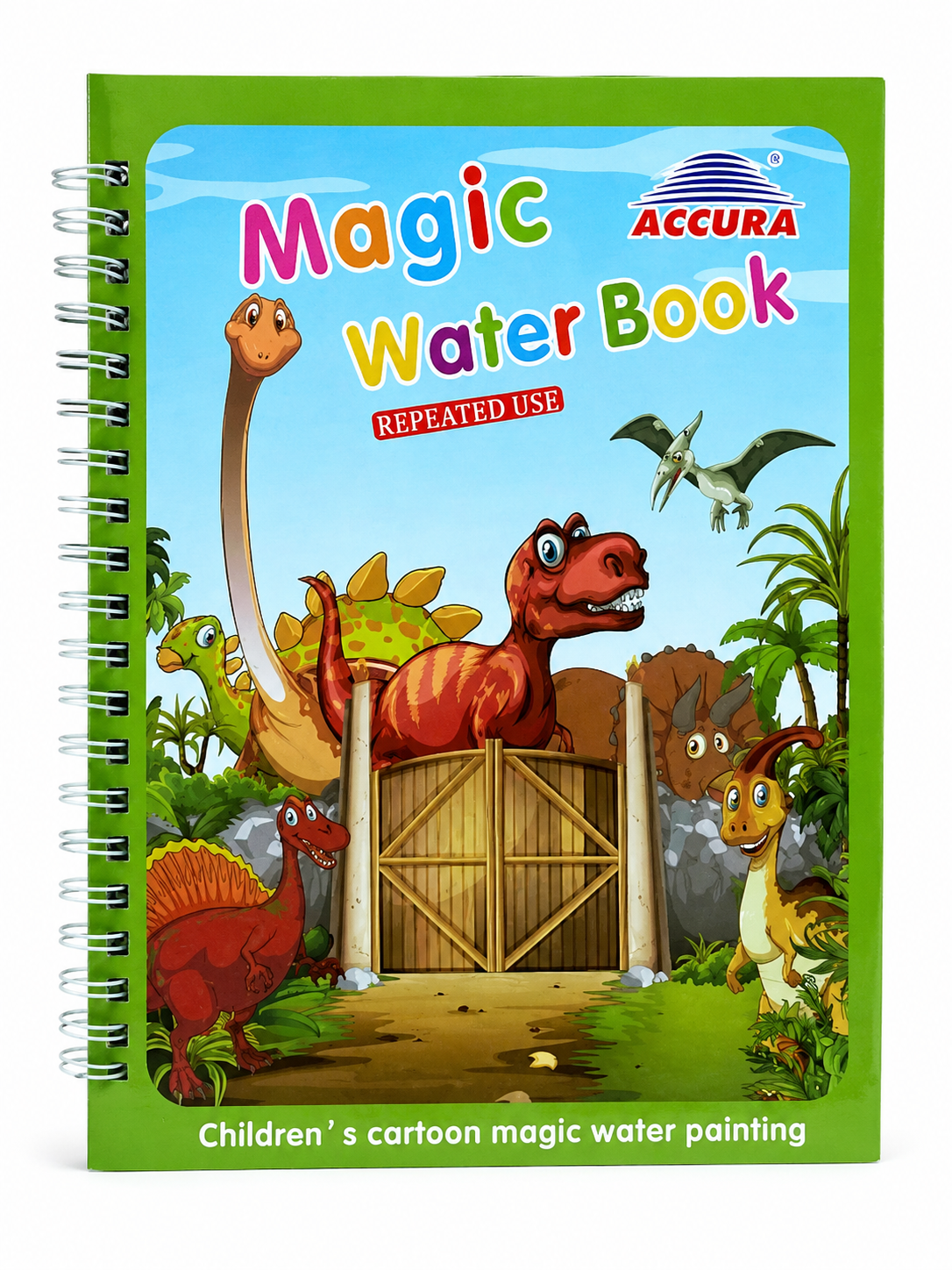 Magic Water Book with reusable water pen for kids featuring dinosaur coloring pages, mess-free drawing activities, educational learning, and creative play for preschool children.