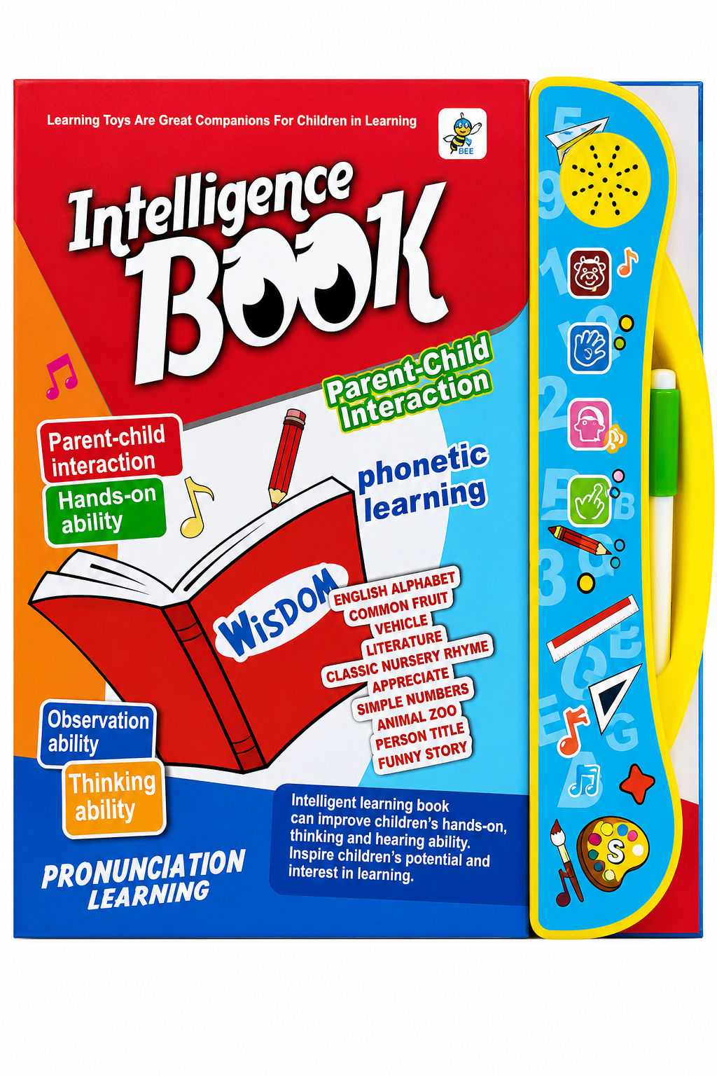 Audio Book for Kids Intelligence Book with interactive sound buttons, phonics learning, English alphabet, numbers, nursery rhymes, stories, and educational activities for preschool children.