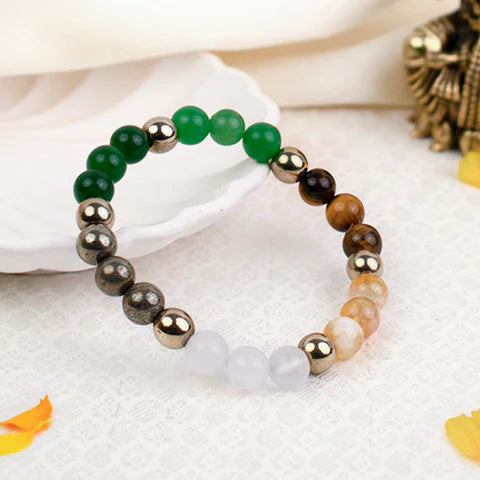 

Dhan Yog Bracelet Lab Certified gemstone bracelet featuring Tiger Eye, Citrine, Pyrite, Green Aventurine, Hematite, and Quartz beads for prosperity, confidence, luck, and positive energy.
