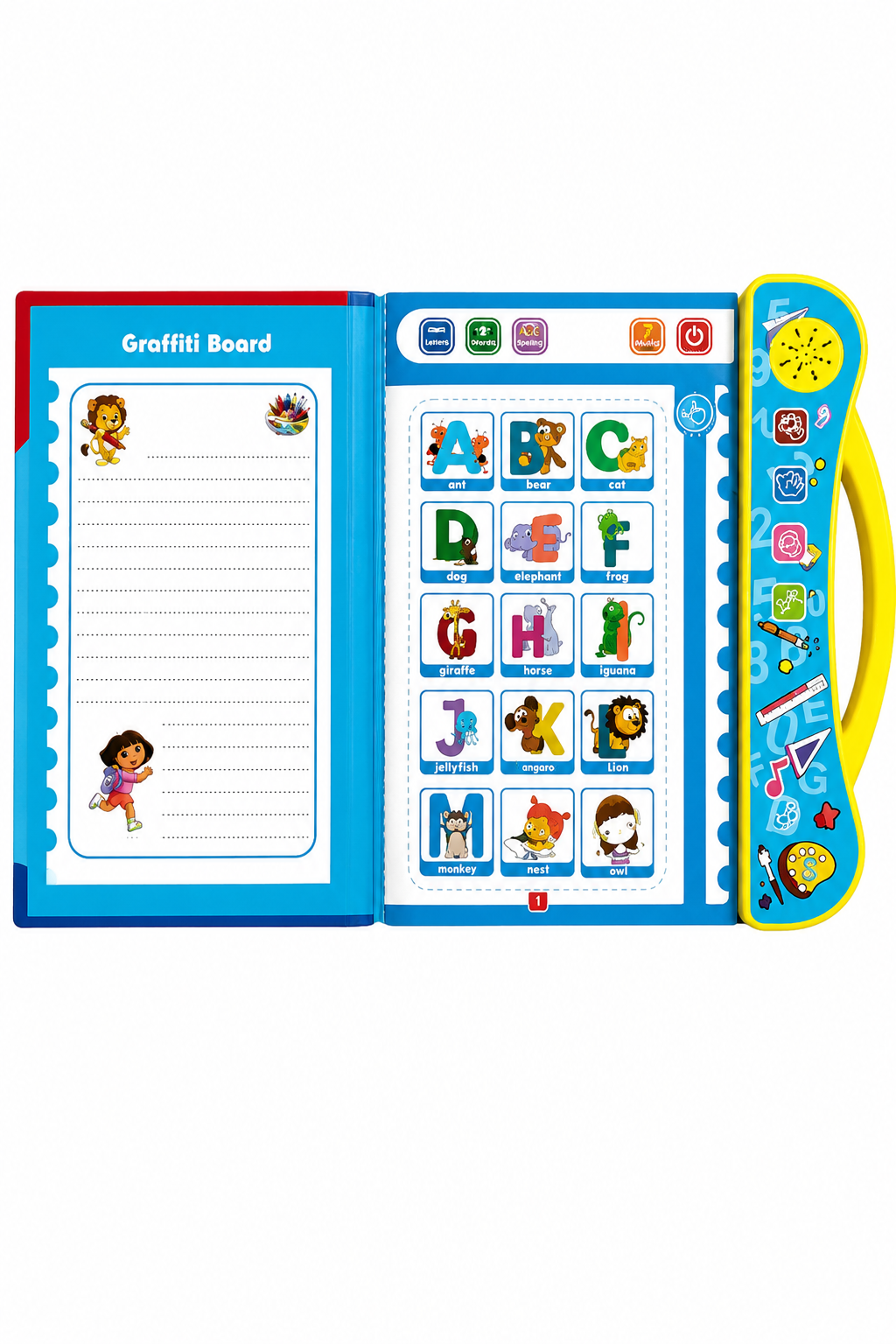 
Inside Audio Book for Kids Intelligence Book with interactive sound buttons, phonics learning, English alphabet, numbers, nursery rhymes, stories, and educational activities for preschool children.