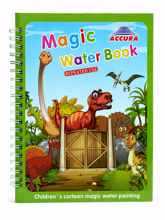 Magic Water Book with reusable water pen for kids featuring dinosaur coloring pages, mess-free drawing activities, educational learning, and creative play for preschool children.