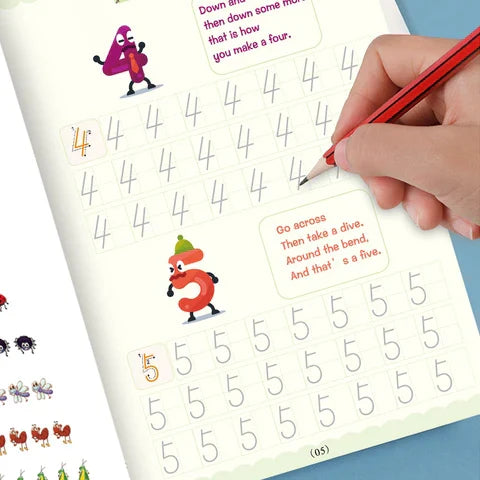 Number Sank Magic Writing Book Set of 4 with reusable handwriting practice copybooks for kids, featuring alphabet learning, numbers, math, drawing exercises, magic pen, and Montessori educational activities.