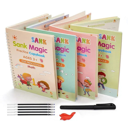 Sank Writing Magic Book reusable handwriting practice copybook set for kids with alphabet learning, numbers, drawing activities, magic pen, and preschool educational worksheets.