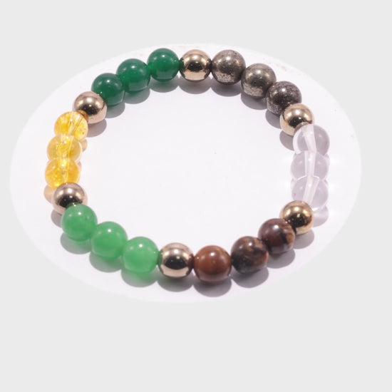 

video cover Dhan Yog Bracelet Lab Certified gemstone bracelet featuring Tiger Eye, Citrine, Pyrite, Green Aventurine, Hematite, and Quartz beads for prosperity, confidence, luck, and positive energy.

