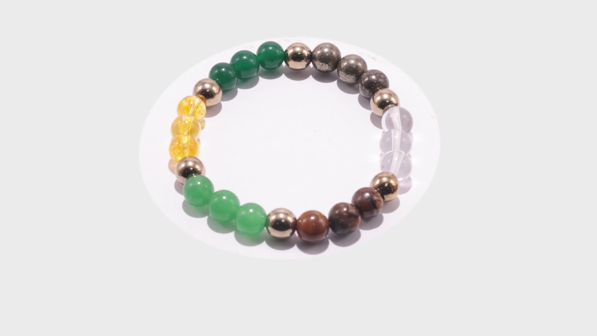 

video cover Dhan Yog Bracelet Lab Certified gemstone bracelet featuring Tiger Eye, Citrine, Pyrite, Green Aventurine, Hematite, and Quartz beads for prosperity, confidence, luck, and positive energy.
