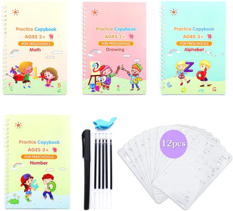 set Sank Magic Writing Book Set of 4 with reusable handwriting practice copybooks for kids, featuring alphabet learning, numbers, math, drawing exercises, magic pen, and Montessori educational activities.